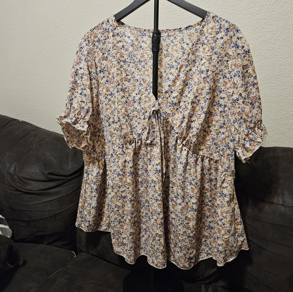 Blue and Cream Floral Blouse
